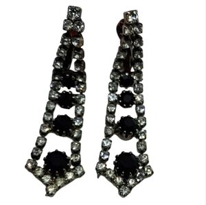 🖤 Vintage Mid-Century Black & Clear Rhinestone Tiered Dangle Clip-On Earrings